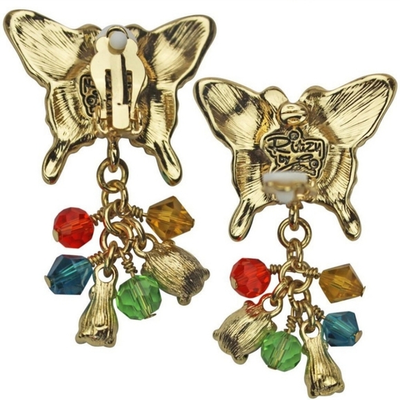 Multi-Color Butterfly Dangle Earrings Clip-on Signed Ritzy Couture Esme Hecht GT - Picture 2 of 3